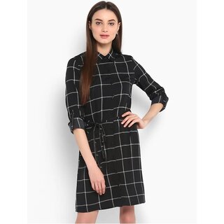 Vivient Women Black Check Printed Buttoned Crepe Short Dress