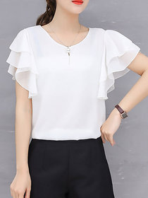 Vivient Women White Ruffle Sleeve Neck Button Top