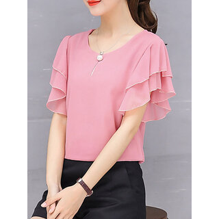 Vivient Women Pink Ruffle Sleeve Neck Button Top