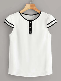Vivient Women White Plain Black Strip Three Button Top