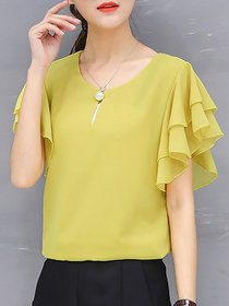 Vivient Women Light Yellow Ruffle Sleeve Neck Button Top