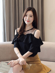 Vivient Round Neck Black Plain Ruffled Net Yoge Off Shouder Solid Women Top.