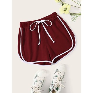 Vivient Maroon Plain Cotton Blend Short For Women