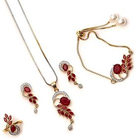 Hetprit Brass Gold Plated Red Colour Pendentt Set Combo For Woman