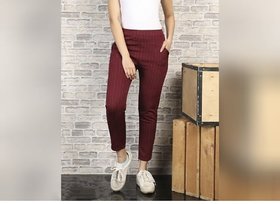 Women's Girl's Maroon Color Vertical Lining Printed Stretchable Pant's / Jeggings /Gym /Yoga /Casual /Sport's Wear