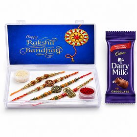 Set of 4 Rakhis for Rakshbandhan (Exclusive Box with Roli, Chwal  Dairy Milk 'Kuch Meetha Ho Jaye'
