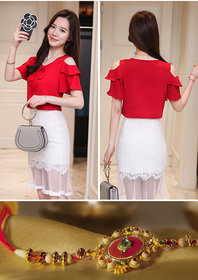 Vivient Women Red Plain Cold Shoulder Bells Strap Top Raakhi Combo