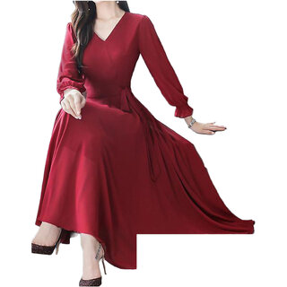 Vivient Maroon Plain V-Neck A Line Dress For Women