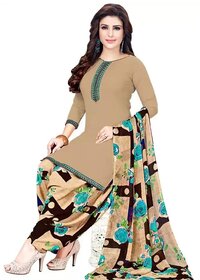 Synthetic Beige Printed Crepe Leon Unstitched Salwar Suits Dress Material With Dupatta By SVB Saree