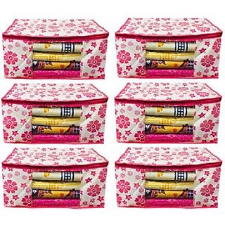 Combo of 6 Blanket Cover Pink Floral Design Underbed Storage Bag, Storage Organiser, Saree Cover (Regular Size)