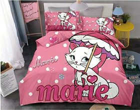 Prisha Cartoon Marie Print for Kids Cotton Double Bedsheet 90x100 inch with 2 Pillow Covers