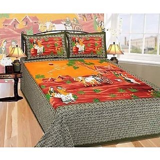 cotton jaipuri printed double bedsheet in queen size with two pillow cover