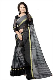 Sharda Creation Black Striped Print Polycotton  Without Blouse Saree