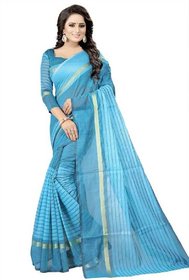 Sharda Creation Blue Striped Print Polycotton  Without Blouse Saree