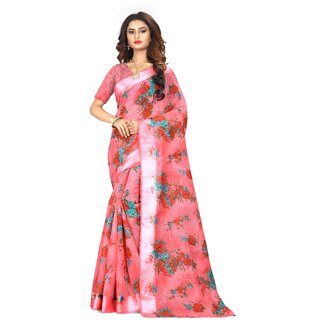Sharda Creation Pink Satin Silk Printed With Blouse Saree