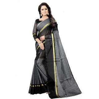 Sharda Creation Black Striped Print Polycotton  Without Blouse Saree
