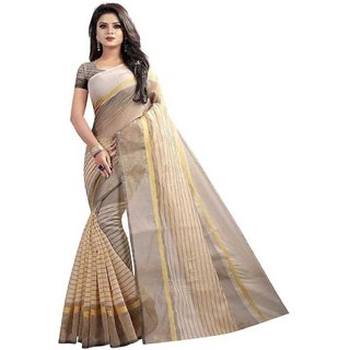 Sharda Creation Cream Striped Print Polycotton  Without Blouse Saree