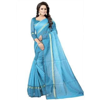 Sharda Creation Blue Striped Print Polycotton  Without Blouse Saree