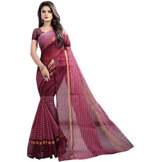 Sharda Creation Maroon Striped Print Polycotton  Without Blouse Saree
