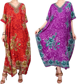 Ukal Combo Pack of 2 Women's Kaftan Dress Cover Up Nightwear Nighty Gown V-Neck Dress