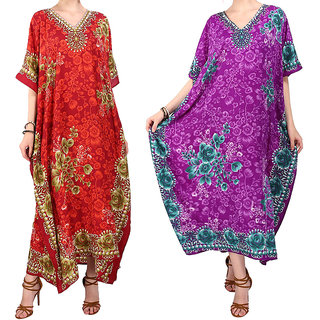 Ukal Combo Pack of 2 Women's Kaftan Dress Cover Up Nightwear Nighty Gown V-Neck Dress