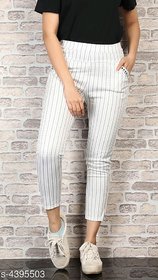 Women's Girl's White Color Vertical Lining Printed Stretchable Pant's / Jeggings /Gym /Yoga /Casual /Sport's Wear