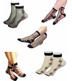 Ankle Socks for Women's Floral Design Transparent Thin Socks (Pack-5)