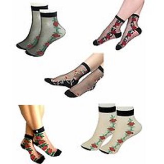 Ankle Socks for Women's Floral Design Transparent Thin Socks (Pack-5)