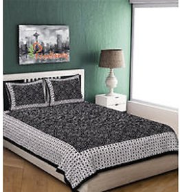 Jaipuri Prints Cotton Black Double Bedsheet with 2 Pillow Covers (90x108)
