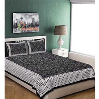 Jaipuri Prints Cotton Black Double Bedsheet with 2 Pillow Covers (90x108)