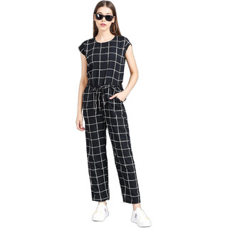 Vivient Women Black Check Front Knot Printed Jumpsuits