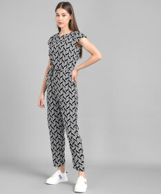 Vivient Women Black Line Printed Front Knot Jumpsuits