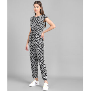 Vivient Women Black Line Printed Front Knot Jumpsuits