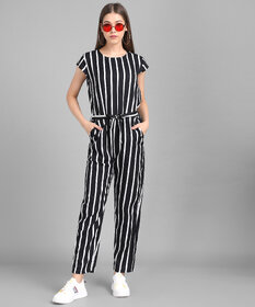 Vivient Women Black Stripe Printed Front Knot Jumpsuits