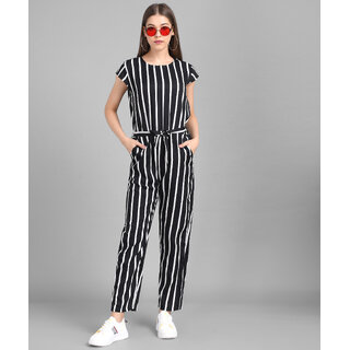 Vivient Women Black Stripe Printed Front Knot Jumpsuits