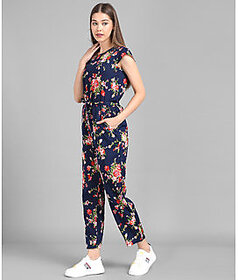 Vivient Women Navy Blue Flower Printed Front Knot Jumpsuit.