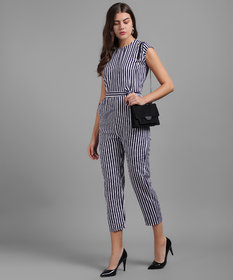 Vivient Women Nevy Blue Small Stripe Printed Front Knot Jumpsuits