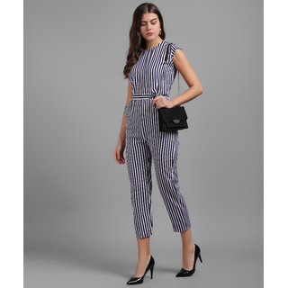 Vivient Women Nevy Blue Small Stripe Printed Front Knot Jumpsuits