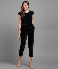 Vivient Women Black Plain Velvet Jumpsuit