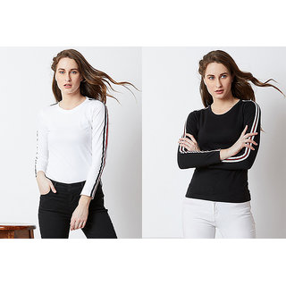 Vivient Women Black and White Side Tape T-shirts Combo