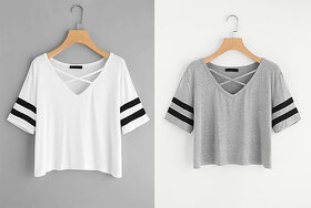 Vivient Women White And Grey Cross Neck Top Combo