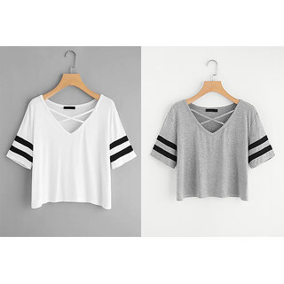 Vivient Women White And Grey Cross Neck Top Combo