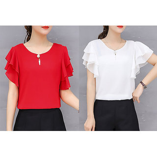 Vivient Women Red And White Moti Top Combo