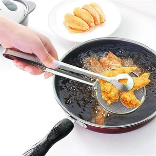 Brand World Stainless Steel Snack Fryer Filter Spoon with Clip Multi-Functional Oil Mesh Colander Kitchen Serving Tong.