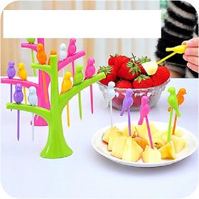 Fruit Fork 6 Birds Fork with Stand (Multicolour)