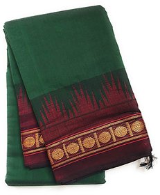 Handloom Korvai Chettinad Temple Border Mercerized Cotton Saree with Contrast Blouse.