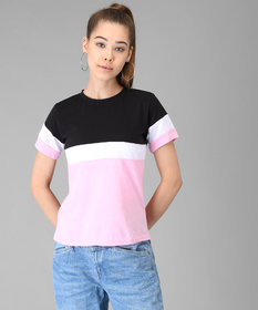 Vivient Women Black White Pink Colour Block T-shirt