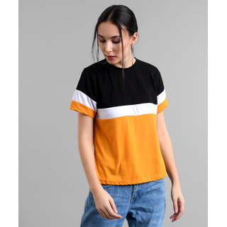 Vivient Women Black White Mustured Colour Block T-shirt