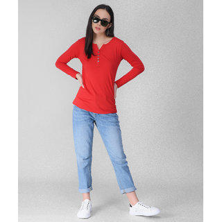 Vivient Women Red Button Plain Tshirt