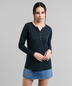 Vivient Women Sea Green Button Plain Tshirt